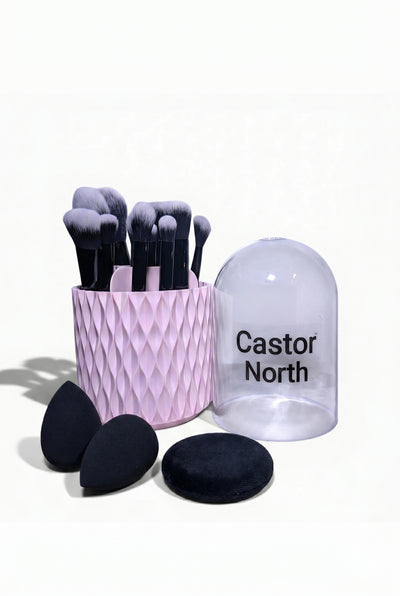 15-Count Professional, Vegan-friendly Makeup Brush Set with FREE Rotating Hard Case | 12 Foundation, Eyeshadow & Concealer Brushes + 2 Blender Sponges & 1 Powder Puff – Complete Face & Eye Beauty Kit.